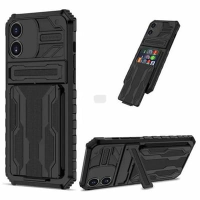 Premium Kwaliteit Anti Shock Hybrid Armour Back Cover - Pasjes Houder met stand functie Hoes - Geschikt Voor Apple iPhone 13 Pro - Stevige Back Cover - Zwart