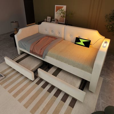 REDOM Bedbank 90x200 cm – Fluweel met knoopdetail, 2 lades, USB/Type-C en leeslamp – Beige