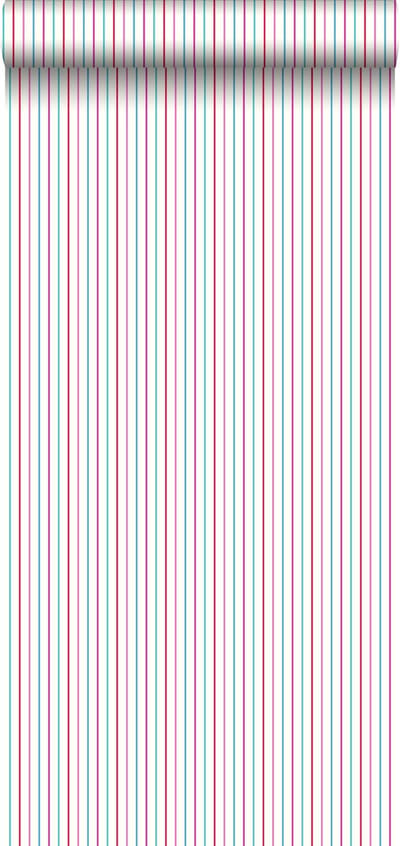 ESTAhome behang strepen roze en turquoise - 53 cm x 10.05 m - 137305