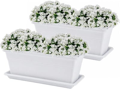 Plasticforte Plantenbakken met water opvangschotels - wit - 2x stuks - 40 x 18 x 15 cm - tuin - balkon - terras - rechthoek