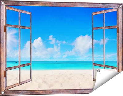 Gards Tuinposter Doorkijk Strand en Zee met Helder Witte Zand - 90x60 cm - Tuindoek - Tuindecoratie - Wanddecoratie buiten - Tuinschilderij
