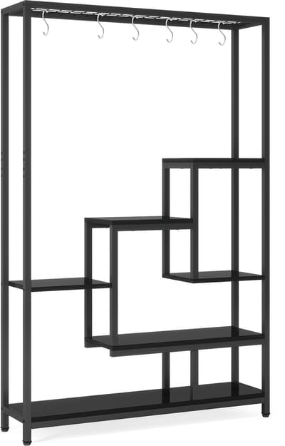 Pugsdrly Bloemenrek, plantenrek met 5 niveaus en 10 S-haken, metalen plantenrek van 180 cm hoog voor binnen, balkon, bloementrap, woonkamer (zwart)