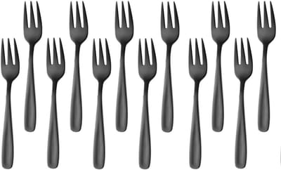 Taartvorken, 12 stuks, dessertvorken, taartvorken van roestvrij staal, fruitvorken, kleine vork voor bruiloft, cake, thee, 13,6 cm lang (zwart)