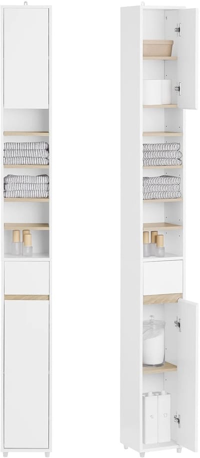 uJOY Smalle badkamerkast - Hoge kast met 5 vakken - 1 lade - Waterbestendig - 20x20x180cm - Maximaal draagvermogen 45kg