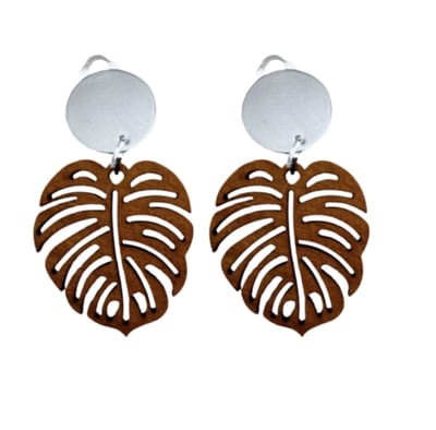 Clip oorbellen- Boomblad- Hout- Bruin- Zilverkleur-Geen gaatje- Lang- Charme Bijoux