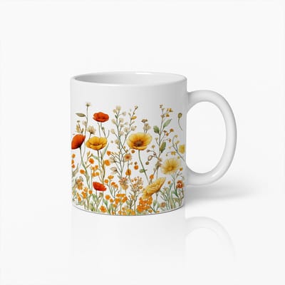 Vintage Wildebloemen Mok – Elegante Botanische Koffiebeker met Gele en Oranje Bloemen – Natuur Cadeau voor Tuin- & Bloemenliefhebbers