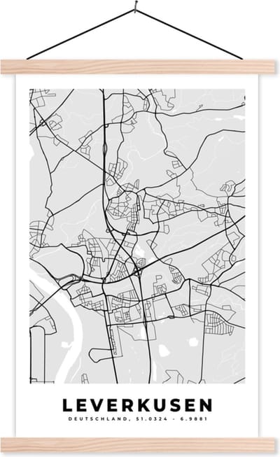 Posterhanger incl. Poster 40x60 cm - Schoolplaat - Kaart - Leverkusen - Duitsland - Stadskaart - Plattegrond - Textielposter - Blanke latten - Stadskaart