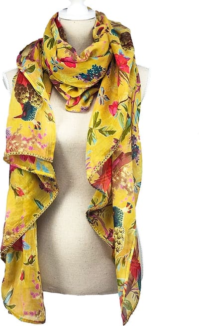 Sjaal | Shawl I 100 x 200cm | Imbarro | Paradise I Paradijsvogel-print | Shawl | Fashion | Okergeel