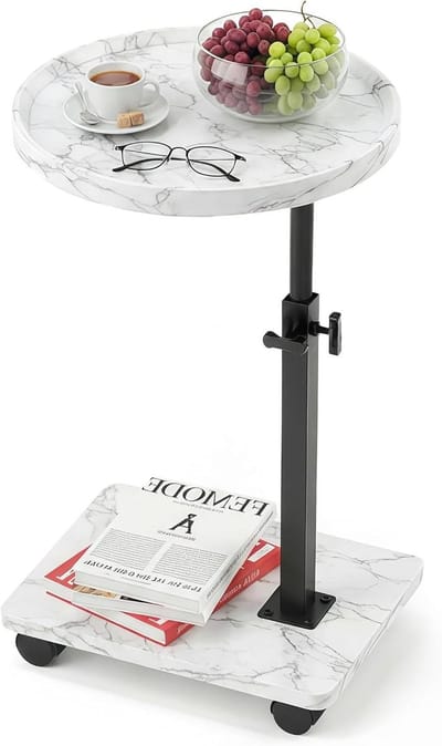 C Tafel - Verstelbare bijzettafel - Werken en eten - 360 graden draaibaar - 40x40x80 cm - Wit marmer