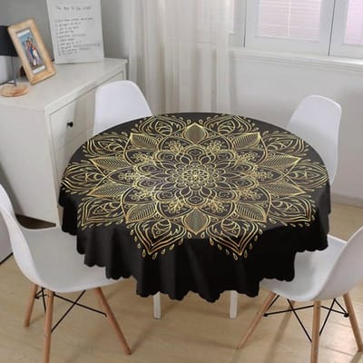 Rond Tafelkleed Ø180cm - Tafelkleden - Tafellaken - Gold mandala op zwart - Bedrukt Velvet Textiel