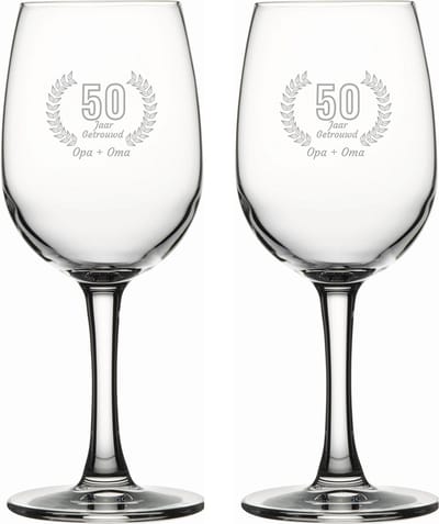 Gegraveerde set witte wijnglazen 26cl Opa + Oma 50 jaar getrouwd