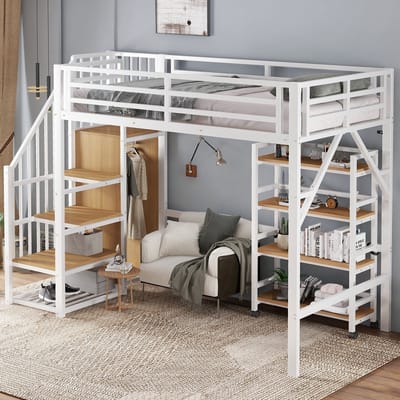HAUSS SPOLE Halfhoogslaper 90x200cm - Hoekkast met Kledingstang, Veiligheidshek en Lattenbodem - Metaal+MDF - Wit+Naturel - Zonder matras