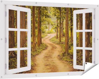 Gards Tuinposter Doorkijk Pad in het Bos met Bomen - 150x100 cm - Tuindoek - Tuindecoratie - Wanddecoratie buiten - Tuinschilderij