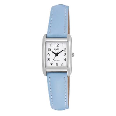 Q&Q-model q44c-002-rechthoekig 28 x 20 mm-lichtblauw lederen band- 3 atm waterdicht-duidelijke wijzerplaat