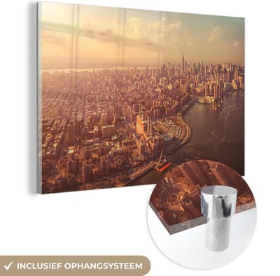 MuchoWow® Glasschilderij 60x40 cm - Schilderij acrylglas - New York - Skyline - Goud - Foto op glas - Schilderijen