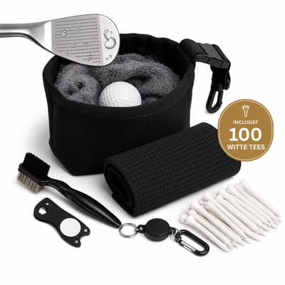 GolfClean Pro Set Compleet – Complete Reinigingsset Voor je Golfuitrusting- Golf Accessoires - Golf Handdoek + Golf Borstel + Pitchfork + 100 Witte Golf Tees - Zwart - Cadeau Set