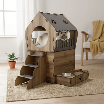 Asir - Kattenhuis - Antraciet, Eikenhout - 100% MDF (Dikte: 3 mm) - 45 x 45 x 6,5 cm