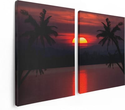 Artaza Canvas Schilderij Tweeluik Zonsondergang Op Het Strand Met Palmbomen - 120x80 - Foto Op Canvas - Canvas Print
