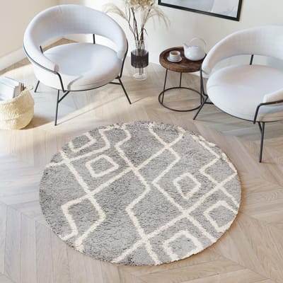 Tapiso Boho Vloerkleed Rond Grijs Creme Shaggy Bohemian Design Duurzaam Slaapkamer Woonkamer Hal Maat- 200x200