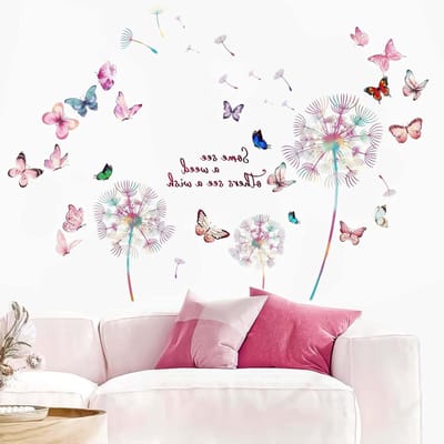 Muurtattoo Paardenbloem & Vlinder - Kleurrijke muursticker voor kinderkamer woonkamer keuken badkamer hal raam & deur - Prachtige DIY Muurdecoratie voor home decor