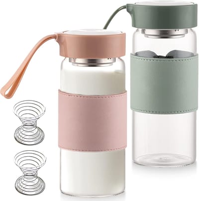 2-pack Premium glazen shaker voor eiwitshake, 500 ml eiwitshaker BPA-vrije glazen fles, duurzame eiwitshaker van glas, smaakneutraal & lekvrij voor eiwit- & sportdrank (Groen en Roze)