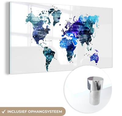 ® Glasschilderij 120x60 cm - Schilderij acrylglas - Wereldkaart - Sterrenhemel - Blauw - Foto op glas - Muurdecoratie woonkamer - Wanddecoratie slaapkamer - Schilderijen