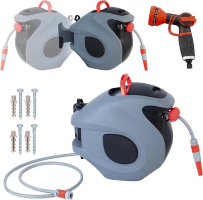 Wandslangbox - Automatische oproller - Tuin bewateren - 180 graden draaibaar - 30 meter slang - Grijs