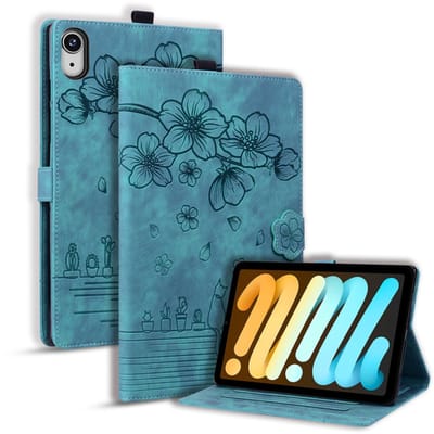 Luxe Bescherm-Etui Hoes Map geschikt voor iPad Mini 6 - Mini 7 - Bloemen en Kat - Groen