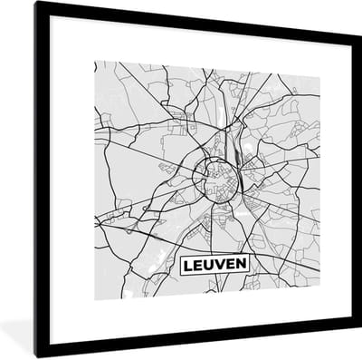 Fotolijst incl. Poster Zwart Wit- Stadskaart – Zwart Wit - Kaart – Leuven – België – Plattegrond - 40x40 cm - Posterlijst