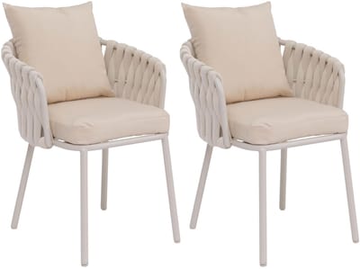 Set van 2 aluminium eetkamerstoelen MCW-P89, binnenstoel met armleuningen, stof/textiel (180 g/m²) touwvlechtwerk ~ crème