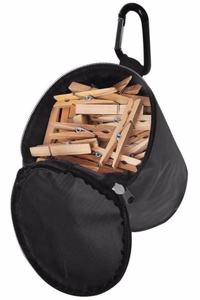 Wasknijperzak met karabijn - inclusief 100x stuks bamboe houten wasknijpers - was ophangen - met haak