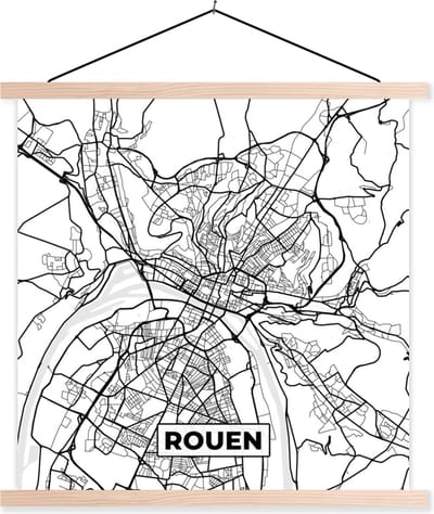 Posterhanger incl. Poster 40x40 cm - Schoolplaat - Stadskaart - Frankrijk - Kaart - Rouen - Plattegrond - Zwart wit - Textielposter - Blanke latten - Stadskaart