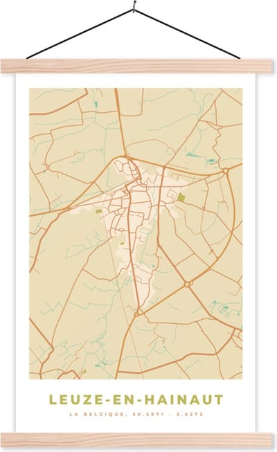 Posterhanger incl. Poster 40x60 cm - Schoolplaat - België - Leuze-en-Hainaut - Kaart - Stadskaart - Plattegrond - Textielposter - Blanke latten - Stadskaart