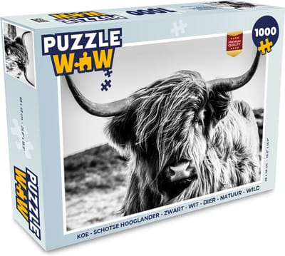 Puzzel Koe - Schotse hooglander - Zwart - Wit - Dier - Natuur - Wild - Legpuzzel - Puzzel 1000 stukjes volwassenen