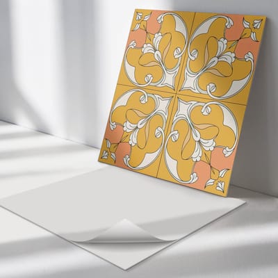 Wallfluent Vinyl Tegels - Bloemenpatroon in Symmetrie Vinyl Tegels Zelfklevend - 30 cm x 30 cm - Geel PVC Tegels - 9 stuks - Vierkant PVC Tegels - Patroon Plaktegels - Zelfklevende Vinyltegels - Plaktegels Keuken en Badkamer