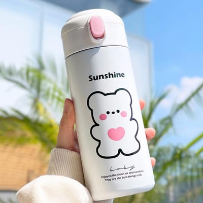 380 ML Kawaii Beer Thermosfles Voor Kinderen Meisje School Vrouwen Roestvrij Staal Geïsoleerde Beker Met Rietje Schattige Thermische Waterflessen 301-400ml