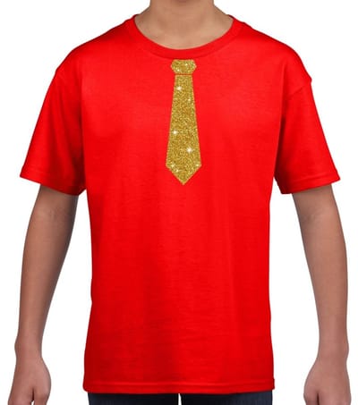 Verkleedkleding t-shirt - rood - met kleine Stropdas - goud glitters - voor kinderen - carnaval 110/116