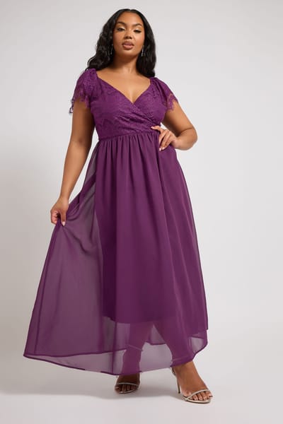 Yours London Lange Wikkeljurk Met Kant En Kapmouwen In Paars Size 58-60