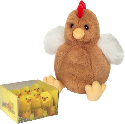 Hermann Teddy Pluche kip knuffel - 18 cm - multi kleur - met 6x kuikentjes van 5 cm - kippen familie - Pasen decoratie/versiering