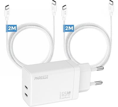 Phreeze GaN charger 65 W - Usb C laptop oplader met 2 usb C kabels 2m - Power Delivery dual port adapter