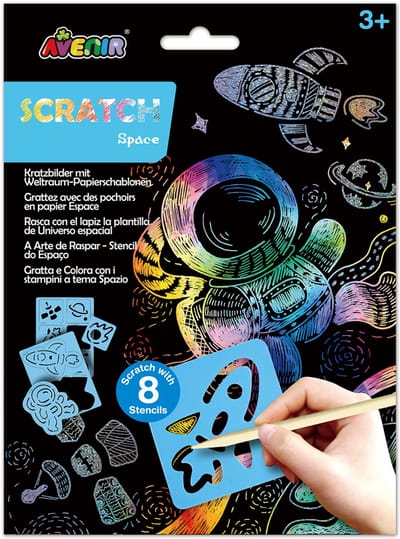 AVENIR Scratch Art - Ruimte - 17X23X0,5Cm - Met 8 Sjablonen - 3 Jaar
