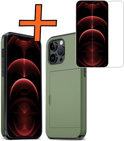Hoesje Geschikt voor iPhone 14 Pro Hoesje Pasjeshouder Shockproof Hard Case Met Screenprotector - Hoesje Geschikt voor iPhone 14 Pro Hoes Met Kaarthouder - Donkergroen