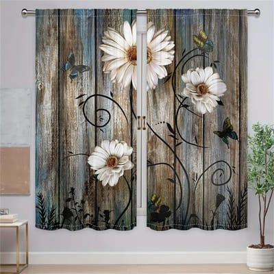 2 Stuks Rustieke Bloemen Gordijnen Vintage Houtnerf Madeliefje Vlinder Patroon Woonkamer Slaapkamer Balkon Zonwering Decor Gordijnen 29.5W65H(inch)x2Pcs&Rod Pocket gray