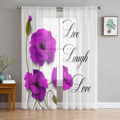 Paarse Bloem Klaproos Bloem Tekst Tule Gordijnen Voor Woonkamer Decoratie Modern Chiffon Transparant Voile Keukengordijn 135W x 114H(cm) purple