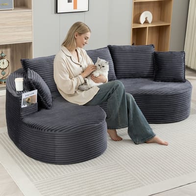 L-Bank, 3-Zitsbank, Zachte, Ademende Corduroy Bank met Bekerhouder en Opbergvak, Hoogwaardig Schuim voor Comfortabel Zitten, Inclusief Kussens – Samengeperst en Klaar voor Gebruik, Perfect voor Elke Woonkamer-Donkergrijs