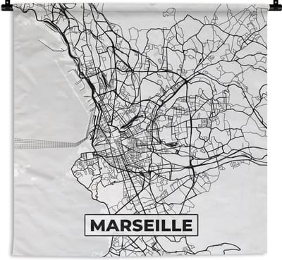 Wandkleed - Wanddoek - Kaart - Plattegrond - Marseille - Frankrijk - Stadskaart - Zwart wit - 180x180 cm - Wandtapijt