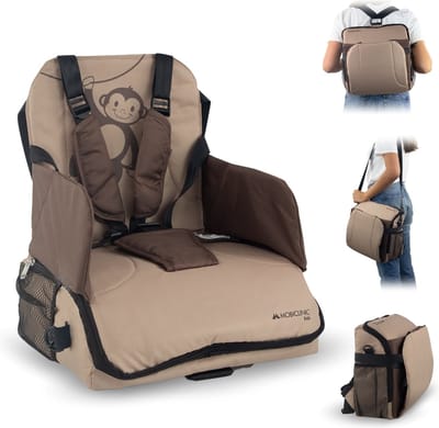 Mobiclinic Monkey - Kinderstoel Draagbare - Booster Seat - Geschikt voor auto - Stoelverhoger voor kinderen - Max 15 kg - Verstelbare 5-punts riem - Inklapbaar - Met zak en handvat - Bruin