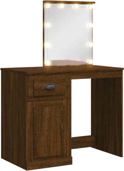 Kaptafel met spiegel en verlichting - Make up tafel - Make up - Toilettafel - Met lades - Bruin Eiken