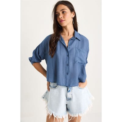 Gestreepte Gevoerde Crop Shirt met Knopen en Zak