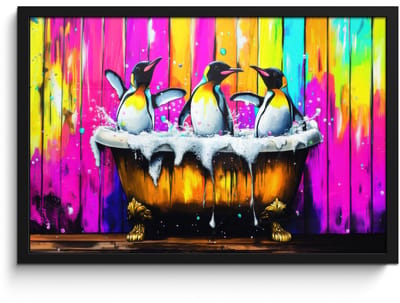 Poster in lijst - Fotolijst 60x40 cm - Posters - Pinguïns - Badkuip - Kleurrijk - Schuim - Posterlijst zwart - Decoratie - Wanddecoratie woonkamer - Muurdecoratie slaapkamer
